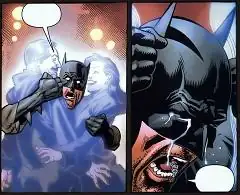 蝙蝠俠在昏暗模糊背景中，被半透明的父母形體環繞，顯得極度悲痛與掙扎。右側特寫他崩潰痛哭的臉龐。出自蝙蝠俠漫畫。有兩個空白對話框。